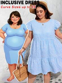 SHEIN CURVE+ Plus Size Women's Casual Cute Checkered Print Round Neck Cap Sleeve Lotus Leaf Sleeve Dress For Spring And Summer