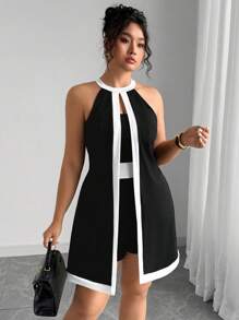 Elenzga Mono de una pieza de alta gama elegante con contraste de colores en talla grande - Blanco y Negro - Ver 4
