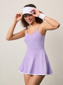 CourtClass Asymmetrical Hemline Twist Knot Waist Sports Dress With Pockets, Spring/Summer Athletic Dress - Purple - View 3