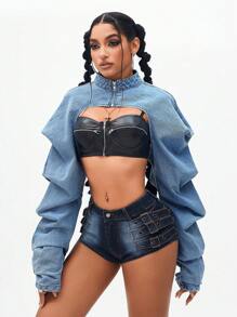 Jeanoix 女士性感拉链前短款牛仔夹克，适合嘻哈派对 - 淺色水洗藍 - 查看 1