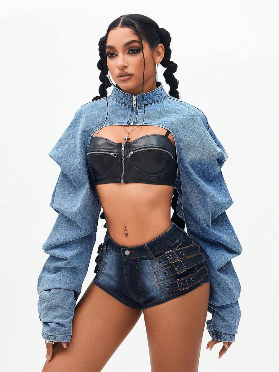 Jeanoix 女士性感拉链前短款牛仔夹克，适合嘻哈派对 - 淺色水洗藍 - 查看 1