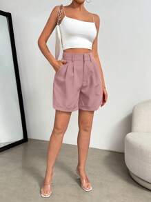 SHEIN Clasi Quần short thường ngày xếp ly màu trơn cho nữ, đa năng - Bụi hồng - Xem 3