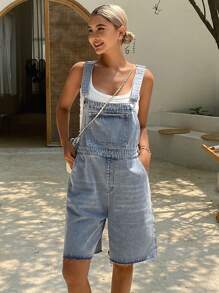 Livesso Women's Distressed Solid Color Casual Denim Bib Overalls, Summer - Blue - View 5