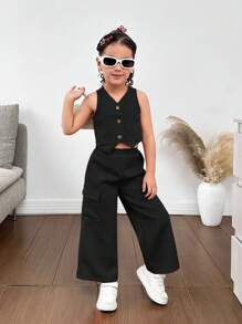 Young Girls's Casual Spring/Summer Plain Woven Sleeveless Vest And Pants Set - Black - View 4
