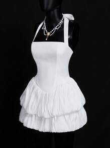 SHEIN ICON Summer Elegant Solid Color Backless Halter Birthday Party Graduation White Mini Dress With Ruffle - White - View 9