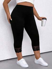 SHEIN CURVE+ Plus Size Women Knitted Elastic 7/10 Length Pants, Lace Trim Hem, Casual Plus Size Ladies Trousers