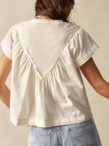 Bohemela BOHO Solid Woven V-Neck Short Sleeve Loose Blouse For Women