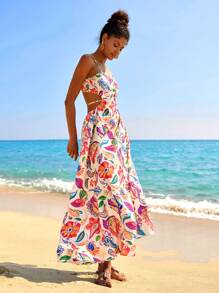 Travachic Woven Printed Sleeveless Hollow-Out Dress For Women, Spring/Summer Vacation