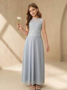 SHEIN Tween Girl Floral Lace Crew Neck Top And Mini Skirt 2 Pieces Set - Dusty Blue - View 4