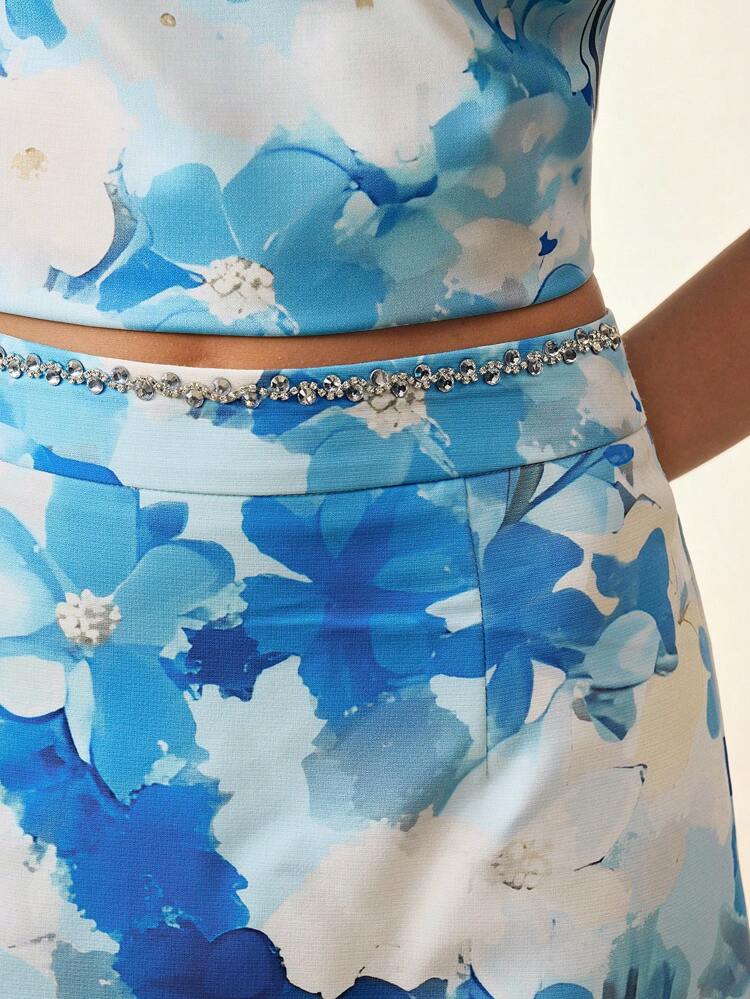 Elegant, Casual, Holiday, Festival, Date Night, Beach Inspired Blue Shell Trim Hem A-Line Rhinestone Decorated Straight Skirt, Women Spring Summer