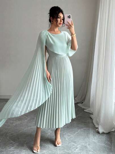 Rafferiza 优雅不对称褶皱腰A字裙，搭配垂坠披肩，时尚女士正式派对礼服，浅绿色，春夏