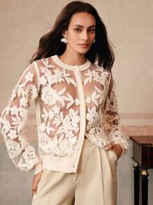 Anewsta Elegant Women's Embroidered Cardigan, Suitable For Spring, Festival, Holiday, Vacation - Apricot - View 1