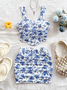 Soleia 女士粉色碎花修身背心和迷你裙两件套，海岛度假装 - 藍白色 - 查看 6