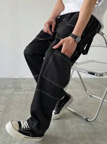 Manfinity Homme Men's Black Woven Fabric Long Pants With Zipper Detail And Contrast Stitching - Black - View 4