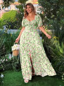 Flirla 大码女式花卉印花V领泡泡袖优雅度假连衣裙