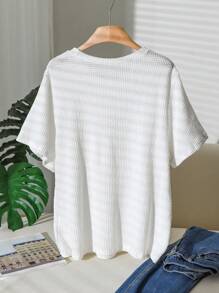 CosyJoli Plus Size Women's Black Bow Decor White Waffle Fabric Comfortable & Fashionable Round Neck T-Shirt - White - View 2