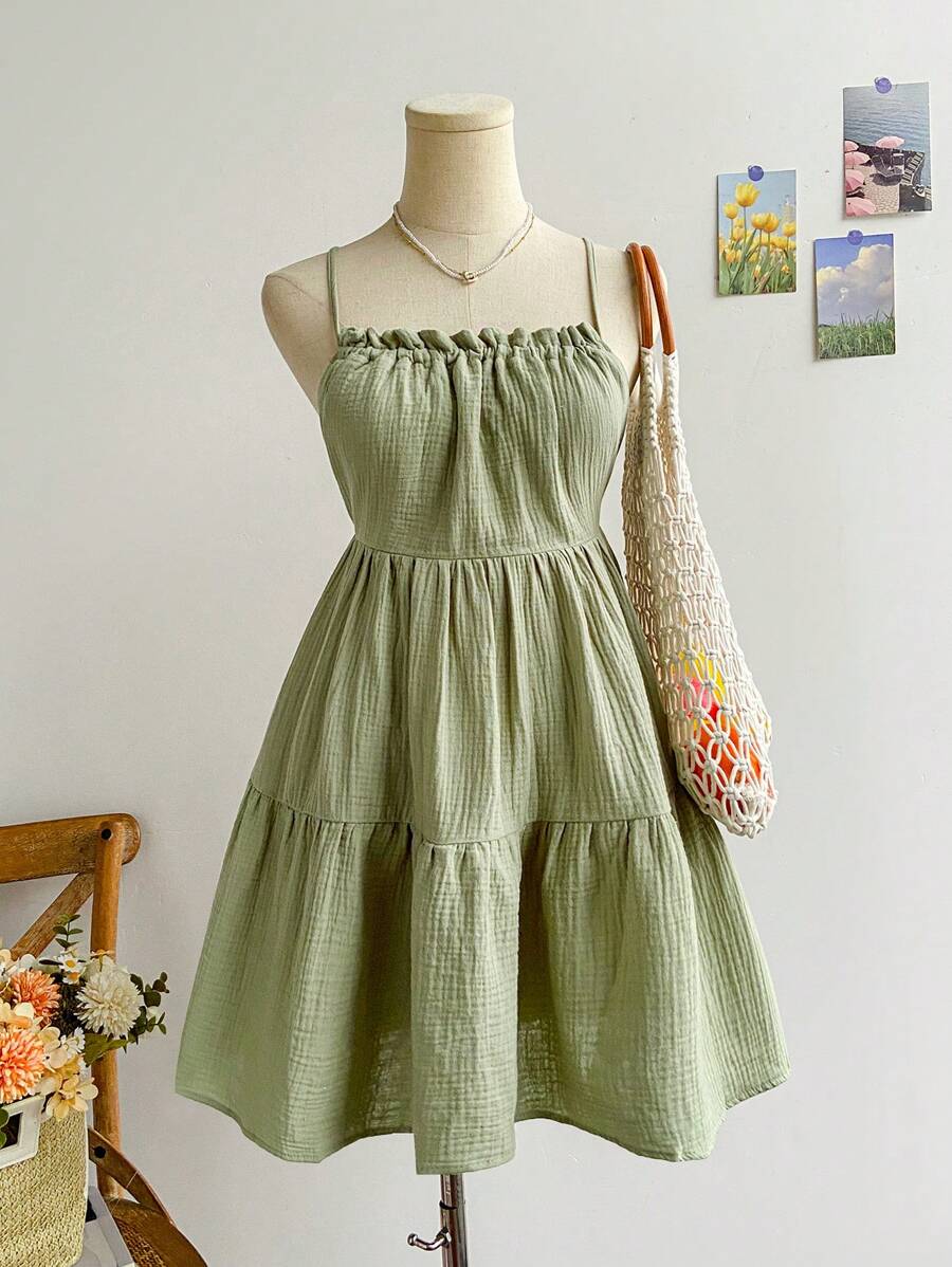 Soleia Criss Cross Open Back Ruffle Hem Cami Dress,Pastel Dresses For Women - Mint Green - View 1