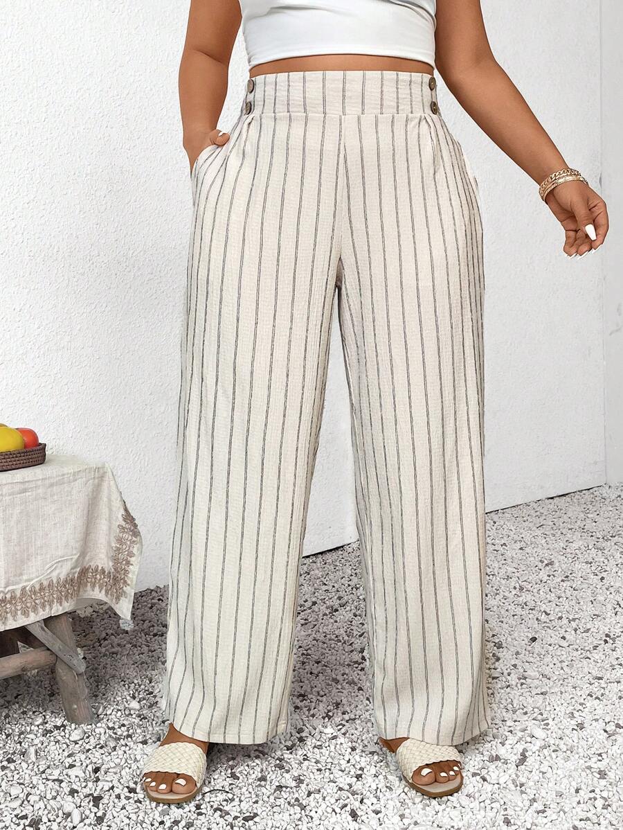 SHEIN Frenchy 大码女式侧扣设计条纹宽腿宽松裤 - 杏色 - 查看 1