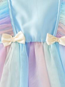 SHEIN 1 pezzo Elegante abito da festa per ragazze rosa con vita vita arricciata, fiocco, maniche a campana in tulle colorato, adatto per ragazze dolci