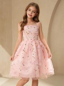 SHEIN Vestido de gasa rosa con tirantes de espagueti y hombros descubiertos para niña preadolescente, apto para fiesta de noche, banquete, actuación, cumpleaños, niña de las flores para bodas y otras ocasiones - Rosa - Ver 6