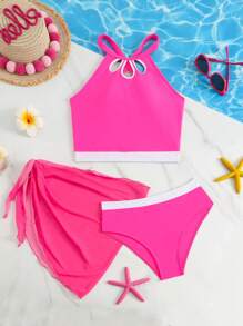 Teen Girls' Hollow Design Halter Tankini Swimsuit Set - Hot Pink - View 3