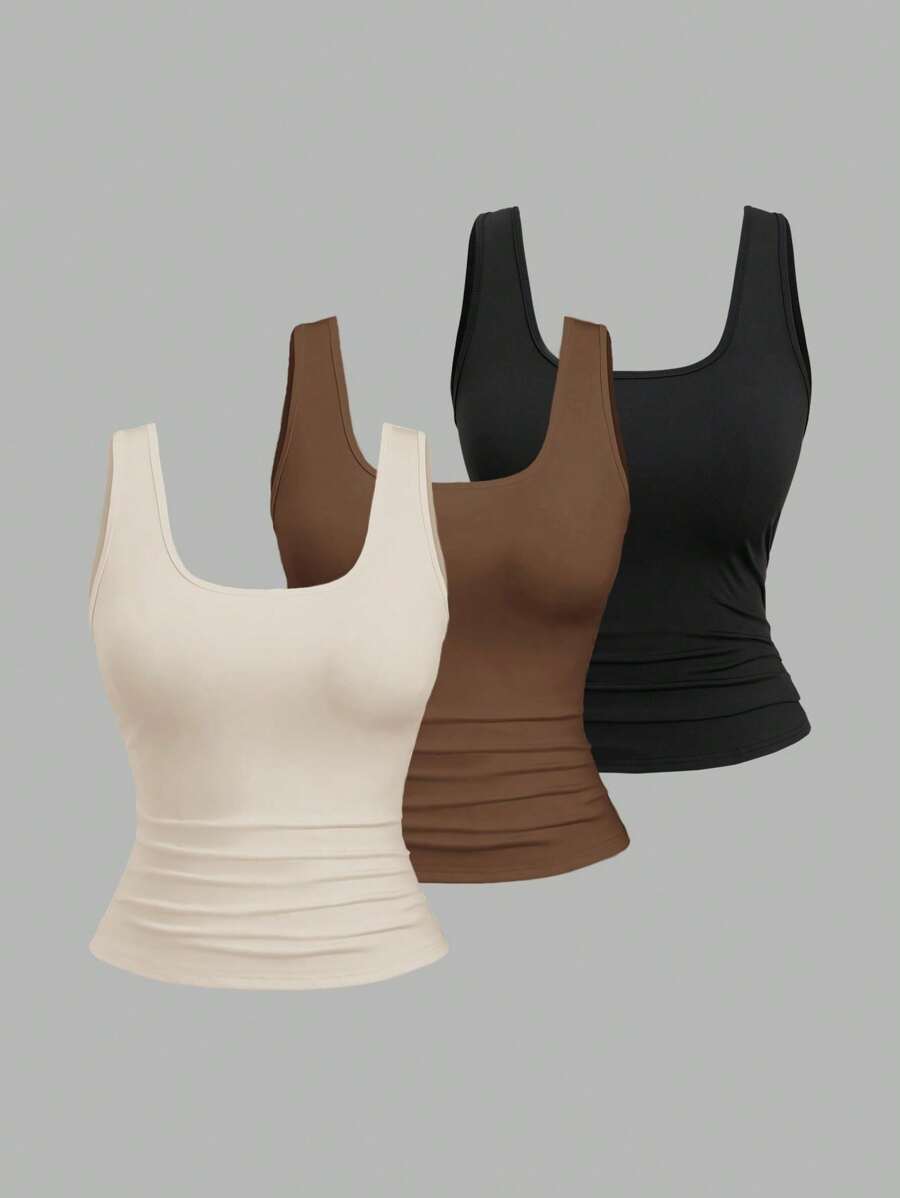 Sweetra Plus Size Women's Summer Short Square Neck Pleated Casual Tank Top