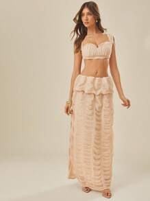 L'Amorae Elegant Romantic Vacation Semi-Sheer Shirred Detail Bubble Maxi Skirt - Baby Pink - View 1