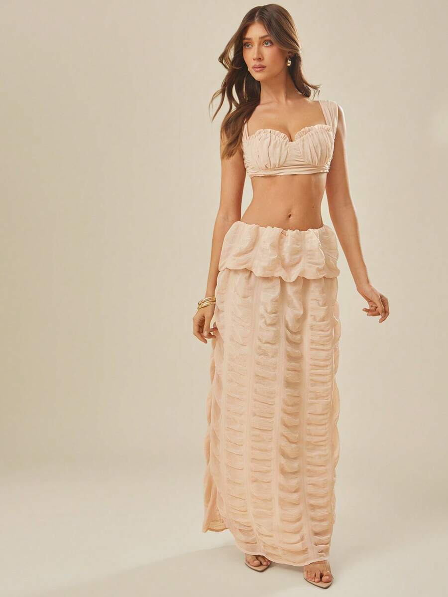 L'Amorae Elegant Romantic Vacation Semi-Sheer Shirred Detail Bubble Maxi Skirt - Baby Pink - View 1