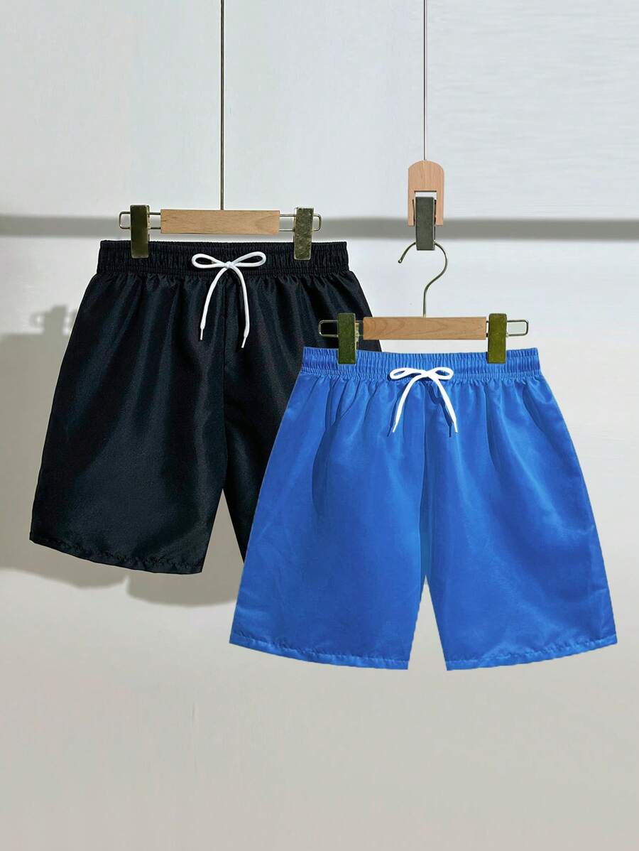 SHEIN 2pcs Teen Boys' Vacation Plain Color Drawstring Waist Beach Swim Shorts Summer Holiday - Multicolor - View 1