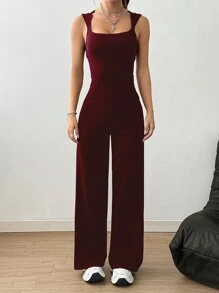 Flirla Sommer legerer einfarbiger Jumpsuit mit Rundhalsausschnitt und ärmellos