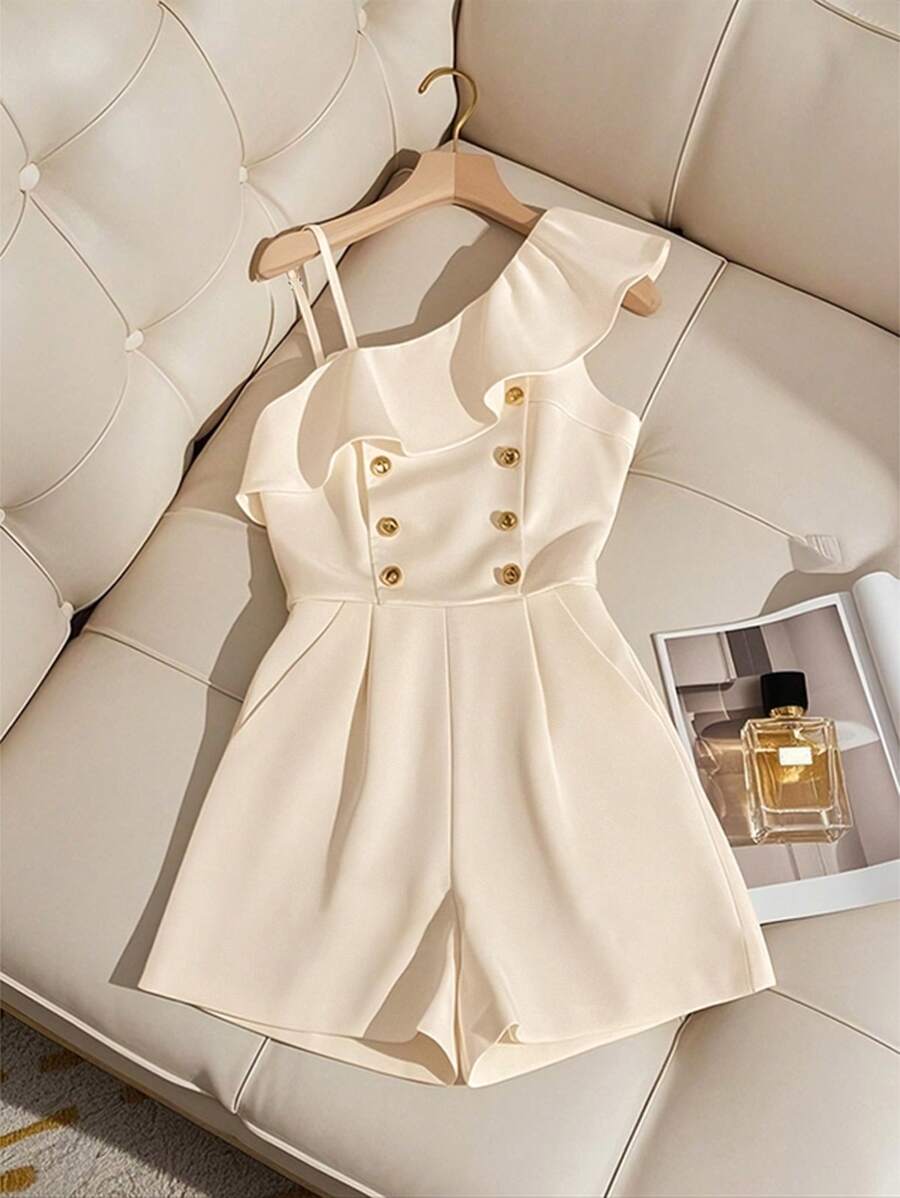 Franclia Women's Elegant Ruffle Trim Button Decor Jumpsuit For Summer - Apricot - View 1