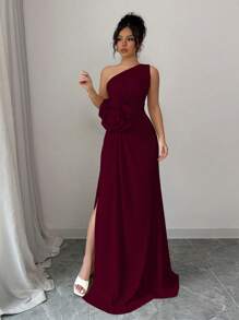 Rafferiza Vestido de mujer con escote asimétrico y bordado floral 3D