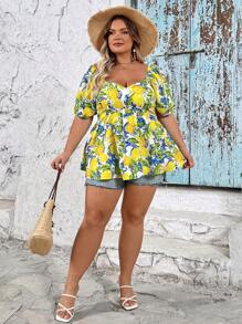 SHEIN CURVE+ 大码柠檬印花灯笼袖心形领衬衫 女士度假服装 女士夏季服装 女士沙滩服装 夏季上衣 女士春季服装 海滩度假服装 热带、曲线加大码、波西米亚风度假 女士海滩服装/海滩/海滩度假服装/海滩必需品/毕业典礼/茶会