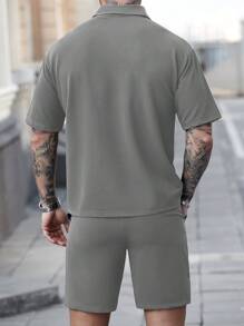 Manfinity CasualCool Men's Summer Casual Solid Color Short Sleeve Polo Shirt And Shorts Set