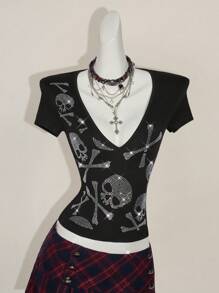 SHEIN ICON Fashionable Rhinestone Skull Deep V-Neck Short Sleeve T-Shirt For Summer - Black - View 7