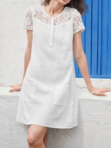 EMERY ROSE Women Simple Button Front Short Sleeve Casual Mini Dress - White - View 10