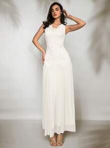 Aloruh Vestido súper largo con cuello de volantes, bordado y malla plisada, romántico para mujeres, perfecto para bodas y vacaciones, primavera/verano