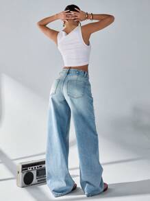 RueChic Low Waist Vintage Wash Wide Leg Jeans, Fashionable For Summer
