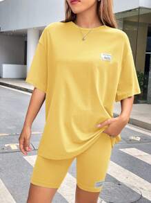 Muchica 女士针织休闲T恤和短裤两件套，夏季 - 黃色 - 查看 6