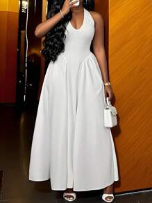 Slaydiva 优雅 V 领挂脖长裙，白色，度假风格