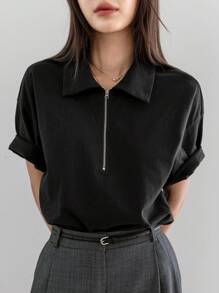 Dazy-Less Women's Casual Business Partial Button-Front Polo Collar Loose Short Sleeve T-Shirt Old Money Style,Business Casual Women,Teacher Outfits - Black - View 4