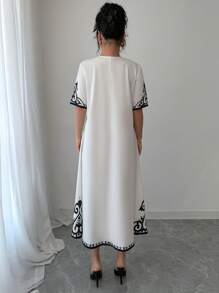 Elenzga 女士优雅复古印花V领连衣裙