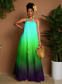 Maweii Vestido de verano nuevo de diseño sexy con plisados, decoración y estampado degradado en tono, con escote halter, para mujeres de talla grande - Multicolor - Ver 3