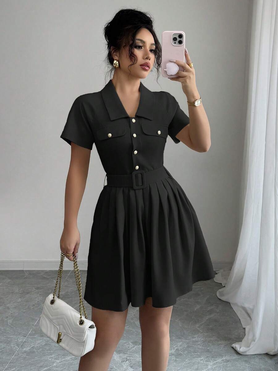 Elenzga Váy suông màu trơn tay Bishop, eo thắt, xếp ly dáng chữ A, có điểm nhấn là khóa kim loại và eo thắt, tay ngắn, phong cách Pháp thanh lịch cho công sở/du lịch thường ngày - màu đen - Xem 1