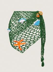 SHEIN Swim Curve Plus Size Women Single Layer Crochet Starfish Pattern Beach Cover Up Shawl Triangle Scarf - Green - View 1