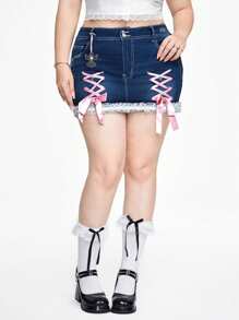 ROMWE Kawaii Plus Size Lace Up Pocket Tight Denim Skirt