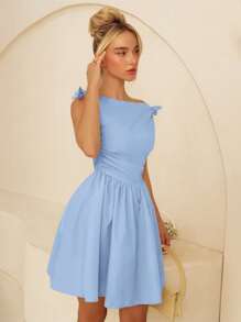 Glamine 春夏露肩系带褶皱纯色 A 字下摆无袖女式迷你连衣裙 - 藍色 - 查看 3