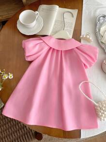 Baby Girl Cute Pink Peter Pan Collar Bow Short Sleeve Dress, Summer - Pink - View 2