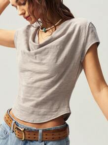 Bohemela Camiseta feminina de malha com decote em V e manga curta e ajuste