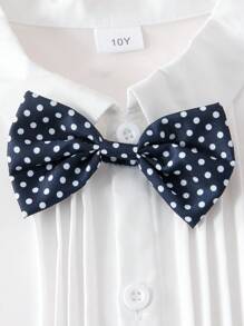 4-Piece Outfit For Tween Boys: Solid Color Striped Shirt, Polka Dot Bowknot, Sleeveless Vest, And Trousers/Shorts, Suitable For Formal Occasions Like Birthday, Wedding, Graduation Etc. Or Casual Wear